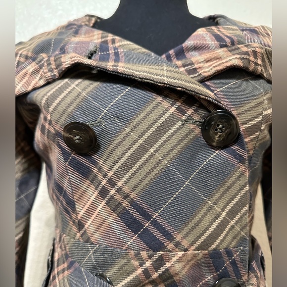 Anthropologie (Black Rivet) Plaid Trench Coat in Green, Brown, and Tan Size 0 - Picture 7 of 9